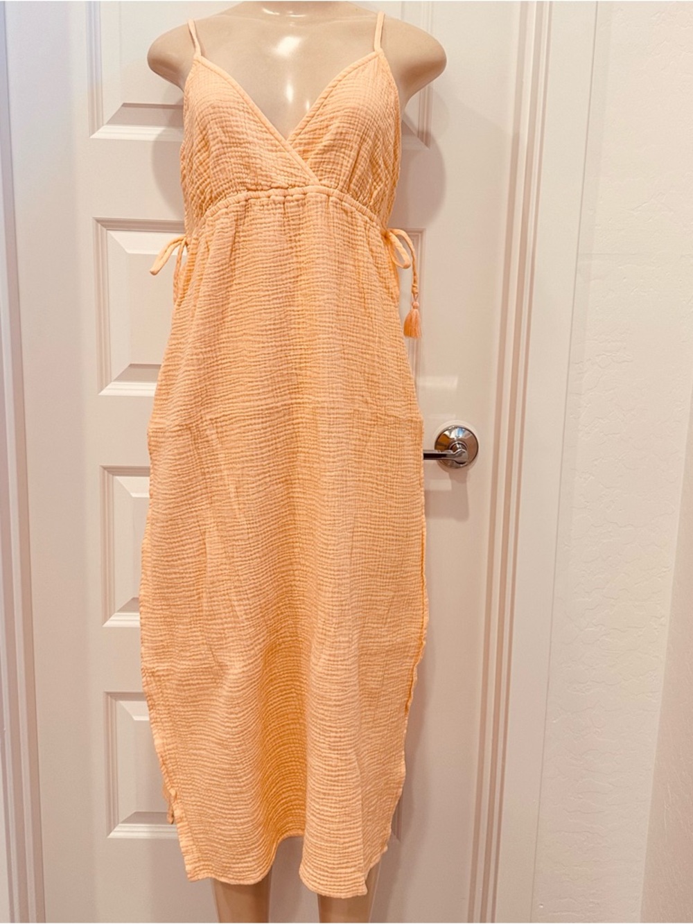Xhilaration Peach Gauze Midi Dress L Beach Cover-Up Coquette Tassel Detail New
